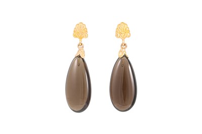 Lot 278 - A PAIR OF SMOKY QUARTZ DROP EARRINGS, gold...