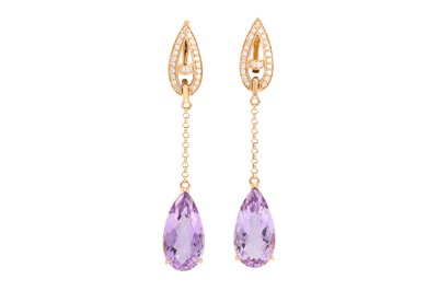 Lot 282 - A PAIR OF DIAMOND AND AMETHYST DROP EARRINGS,...