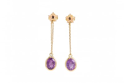Lot 284 - A PAIR OF AMETHYST DROP EARRINGS, the star...
