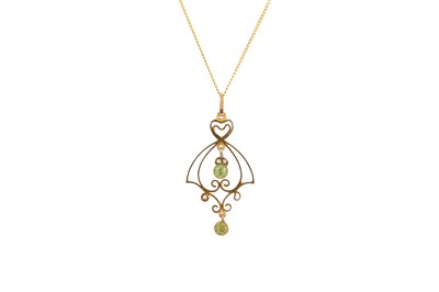 Lot 23 - AN ANTIQUE PERIDOT AND PEARL PENDANT, of open...