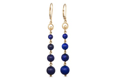 Lot 96 - A PAIR OF LAPIS LAZULI DROP EARRINGS, mounted...