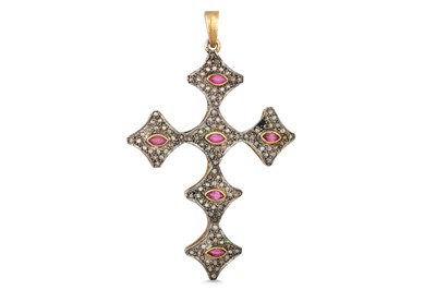 Lot 328 - AN ORTHODOX DIAMOND AND RUBY SET CROSS,...