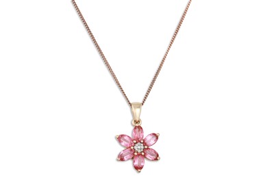 Lot 27 - A PINK TOPAZ AND DIAMOND CLUSTER PENDANT, in...