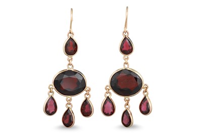 Lot 303 - A PAIR OF GARNET DROP EARRINGS, gold mounted...