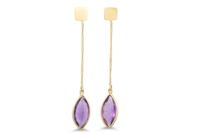 Lot 224 - A PAIR OF AMETHYST DROP EARRINGS, mounted in...