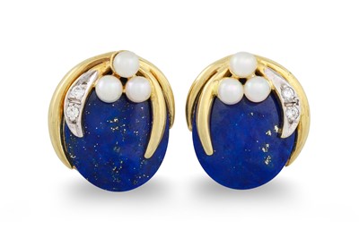 Lot 186 - A PAIR OF LAPIS LAZULI, DIAMOND AND PEARL...