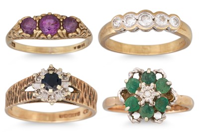 Lot 126 - FOUR VINTAGE GEM SET RINGS, in 9ct gold, size...