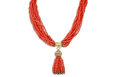 Lot 134 - A MULTI-STRANDED CORAL NECKLACE, gold barrel...