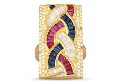 Lot 156 - A DIAMOND, SAPPHIRE AND RUBY RING, of plaque...