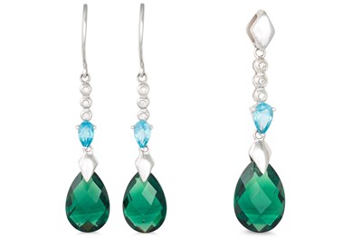 Lot 180 - A PAIR OF TOPAZ AND GREEN GEMSTONE DROP...