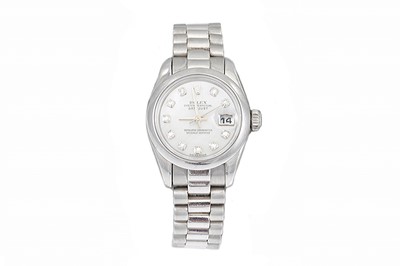 Lot 422 - A LADY'S PLATINUM ROLEX WRIST WATCH, diamond...
