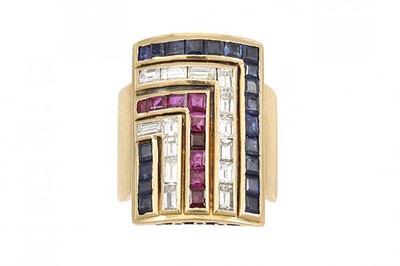 Lot 413 - A RUBY, DIAMOND AND SAPPHIRE RING, the French...