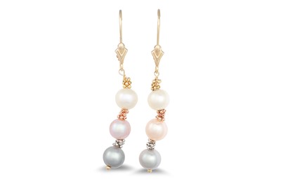 Lot 36 - A PAIR OF TRI-COLOUR PEARL DROP EARRINGS,...