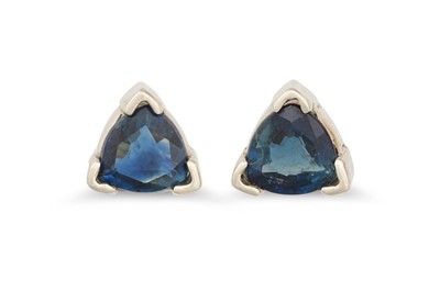 Lot 41 - A PAIR OF SAPPHIRE SET EARRINGS, triangular...