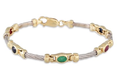 Lot 138 - A RUBY, SAPPHIRE AND EMERALD BRACELET, mounted...