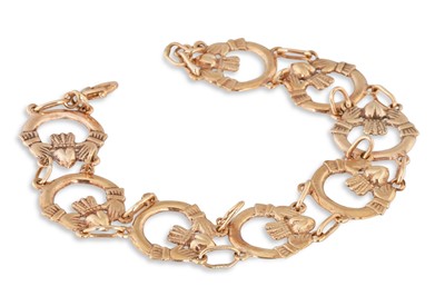 Lot 168 - A 9CT GOLD CLADDAGH LINK BRACELET, 13.4 g.