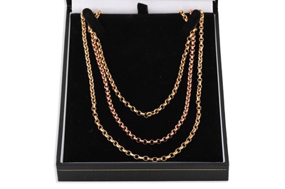 Lot 180 - THREE 9CT GOLD BELCHER LINK NECK CHAINS, 31.7 g.