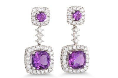 Lot 82 - A PAIR OF DIAMOND AND AMETHYST DROP EARRINGS,...