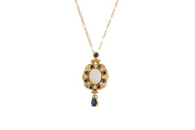 Lot 19 - AN OPAL, DIAMOND AND SAPPHIRE PENDANT, mounted...