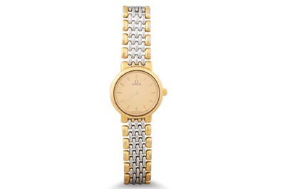 Lot 342 - A LADY'S BI-METAL OMEGA WRISTWATCH, bracelet...
