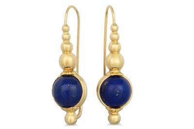 Lot 82 - A PAIR OF LAPIS LAZULI DROP EARRINGS, 18ct...