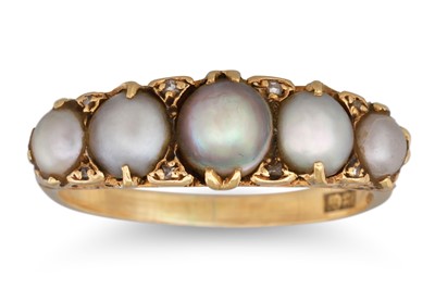Lot 252 - AN ANTIQUE FIVE STONE PEARL RING, with diamond...