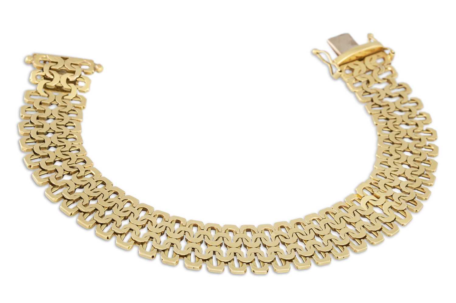 Lot 88 - A 14CT GOLD FANCY LINK BRACELET, 21.6 g.