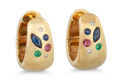 Lot 113 - A PAIR OF EMERALD, SAPPHIRE, RUBY AND DIAMOND...