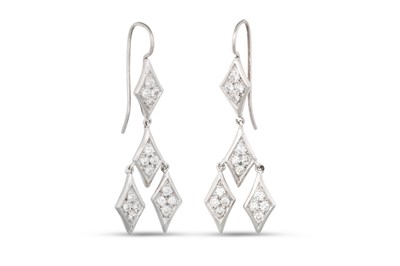 Lot 122 - A PAIR OF DIAMOND DROP EARRINGS, pavé set...