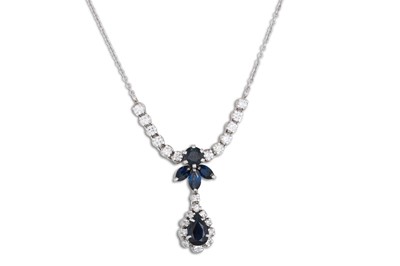 Lot 127 - A SAPPHIRE AND DIAMOND CLUSTER DROP PENDANT,...