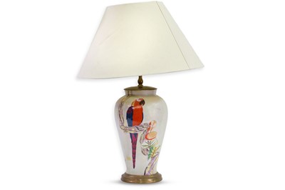Lot 222 - A LARGE LAMP AND SHADE, depicting a parrot