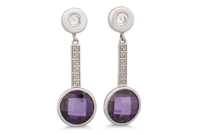 Lot 152 - A PAIR OF AMETHYST AND DIAMOND DROP EARRINGS,...