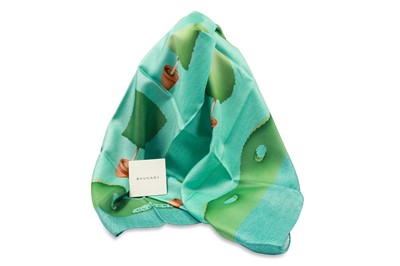 Lot 193 - A BULGARI SILK SCARF, green and blue tones,...