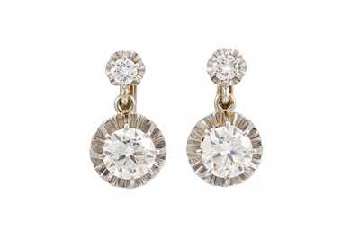 Lot 445 - A PAIR OF VINTAGE DIAMOND DROP EARRINGS, the...