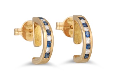 Lot 16 - A PAIR OF DIAMOND AND SAPPHIRE HOOP EARRINGS,...