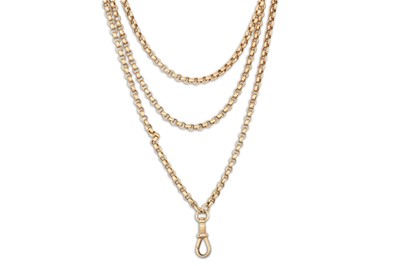 Lot 23 - AN ANTIQUE GOLD MUFF CHAIN, Belcher link, 35.1 g.