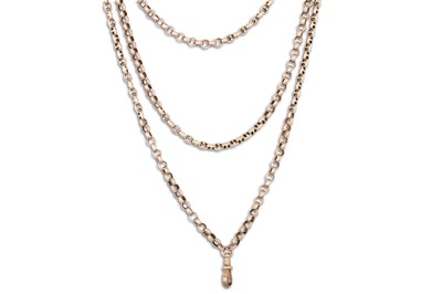Lot 218 - A GOLD VICTORIAN MUFF CHAIN, Belcher link,...