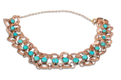 Lot 220 - AN ANTIQUE GOLD AND TURQUOISE BRACELET, the...