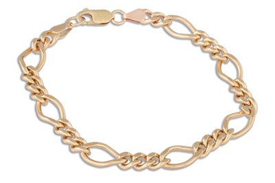 Lot 222 - A 9CT GOLD FIGARO LINK BRACELET, 18.5 g.
