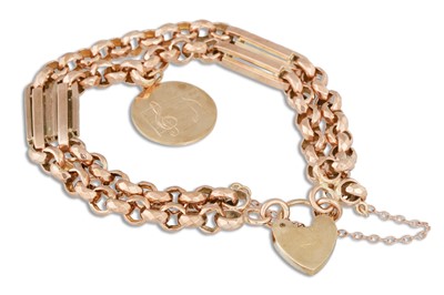 Lot 223 - AN ANTIQUE GOLD FANCY LINK BRACELET, gold disk...