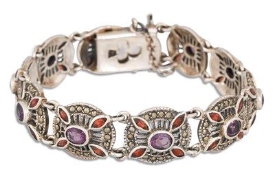 Lot 224 - A SILVER AMETHYST AND GARNET BRACELET, of open...