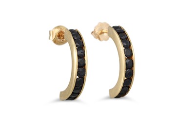 Lot 226 - A PAIR OF SAPPHIRE HOOP EARRINGS, mounted in...