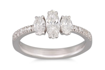 Lot 192 - A THREE STONE DIAMOND RING, the three marquise...