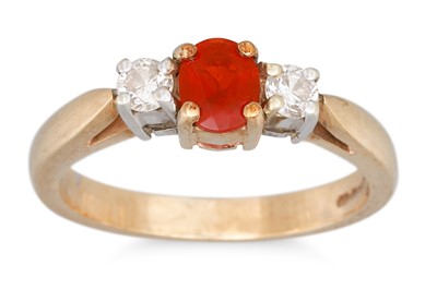 Lot 28 - A THREE STONE DIAMOND AND OPAL RING, mounted...