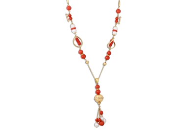 Lot 206 - A CORAL AND PEARL BEADED NECKLACE, suspending...