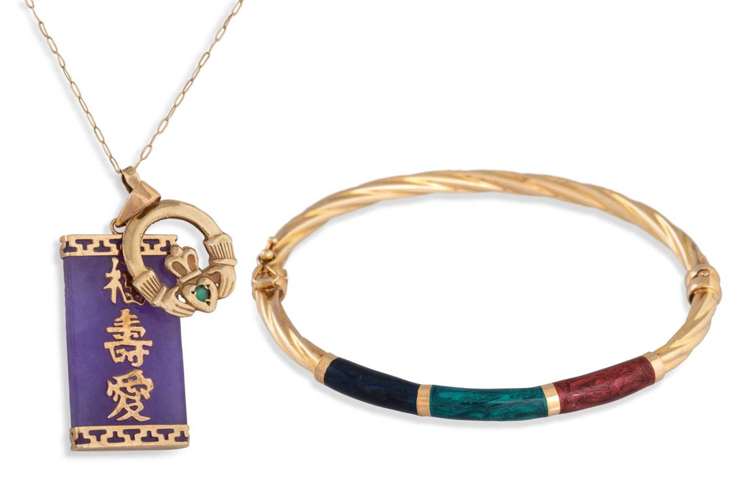 Lot 92 - A 9CT GOLD BANGLE, together with a pendant &...