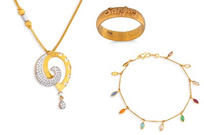 Lot 96 - A 22CT GOLD GEM SET BRACELET, together with a...
