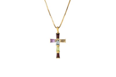 Lot 67 - A MULTI GEM SET CROSS, mounted in 14ct yellow...