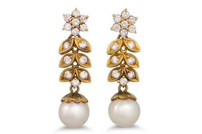Lot 72 - A PAIR OF DIAMOND AND CULTURED PEARL DROP...