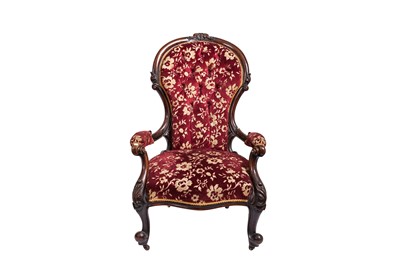 Lot 155 - A VICTORIAN CARVED MAHOGANY UPHOLSTERED LADIES...